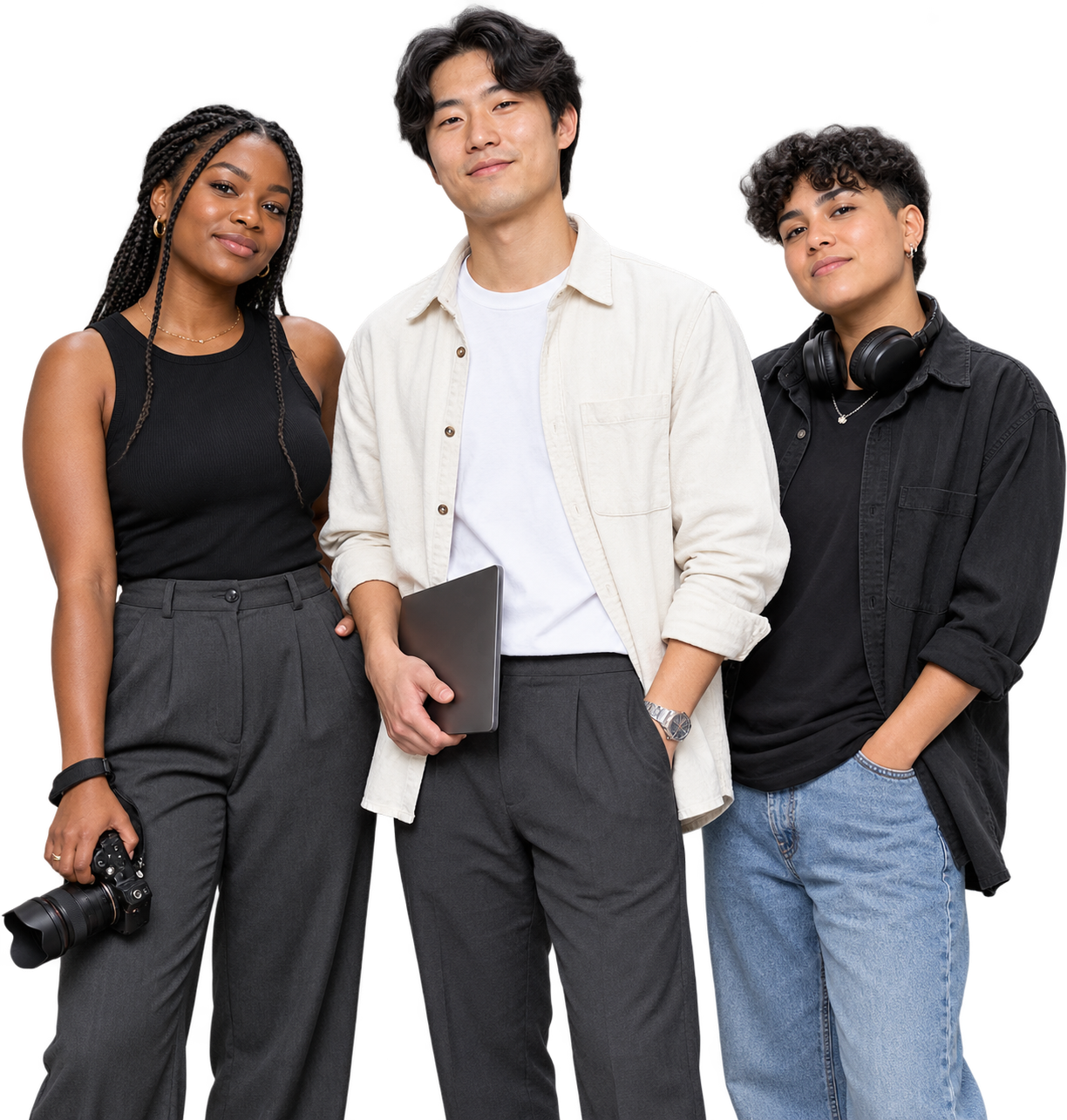 Illustrative portrait of three independent creators with a camera, laptop, and studio headphones.