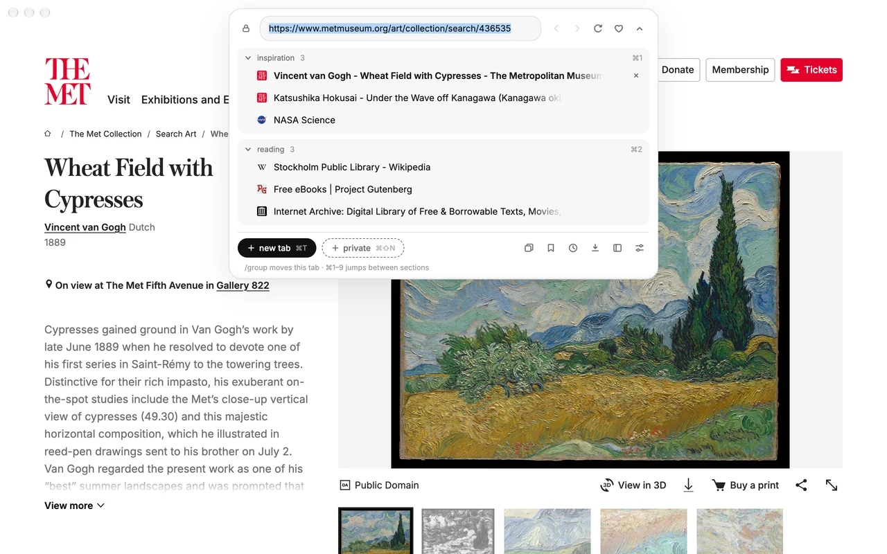 The expanded Blanc island listing tabs under the named groups inspiration and reading, open over the page.