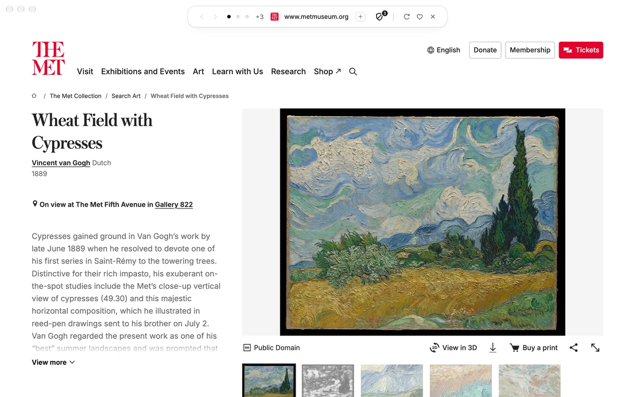 A Blanc window with the resting island above The Met’s page for Van Gogh’s Wheat Field with Cypresses.